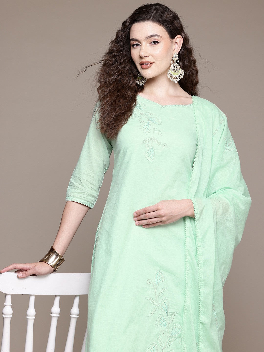 Straight Style Cotton Fabric Green Color Kurta With Bottom And Dupatta