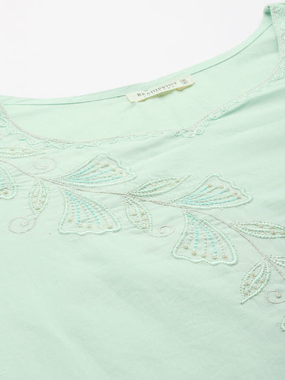 Straight Style Cotton Fabric Green Color Kurta With Bottom And Dupatta
