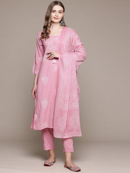 Straight Style Cotton Fabric Mauve Color Kurta With Bottom And Dupatta