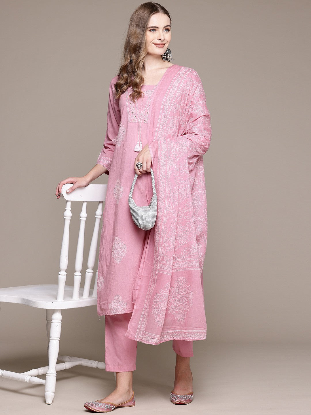 Straight Style Cotton Fabric Mauve Color Kurta With Bottom And Dupatta
