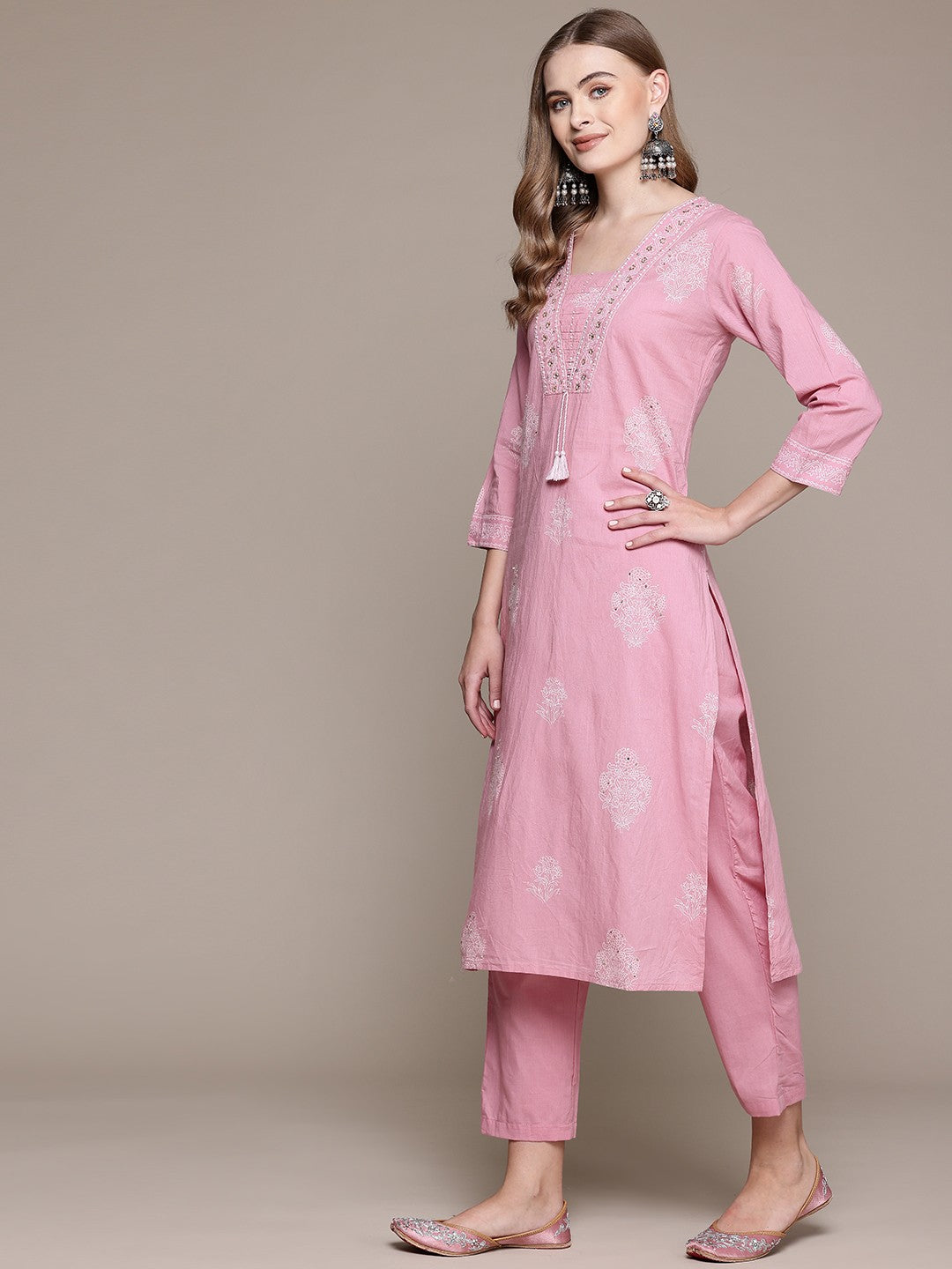 Straight Style Cotton Fabric Mauve Color Kurta With Bottom And Dupatta