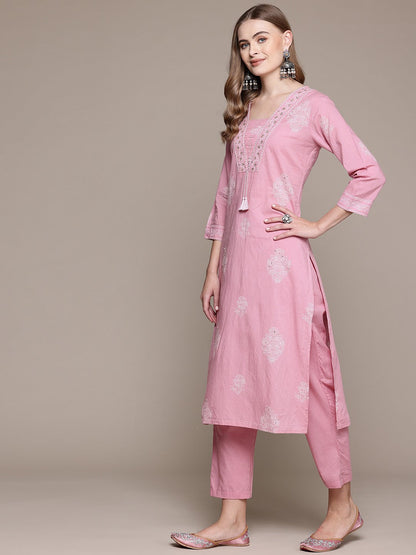 Straight Style Cotton Fabric Mauve Color Kurta With Bottom And Dupatta