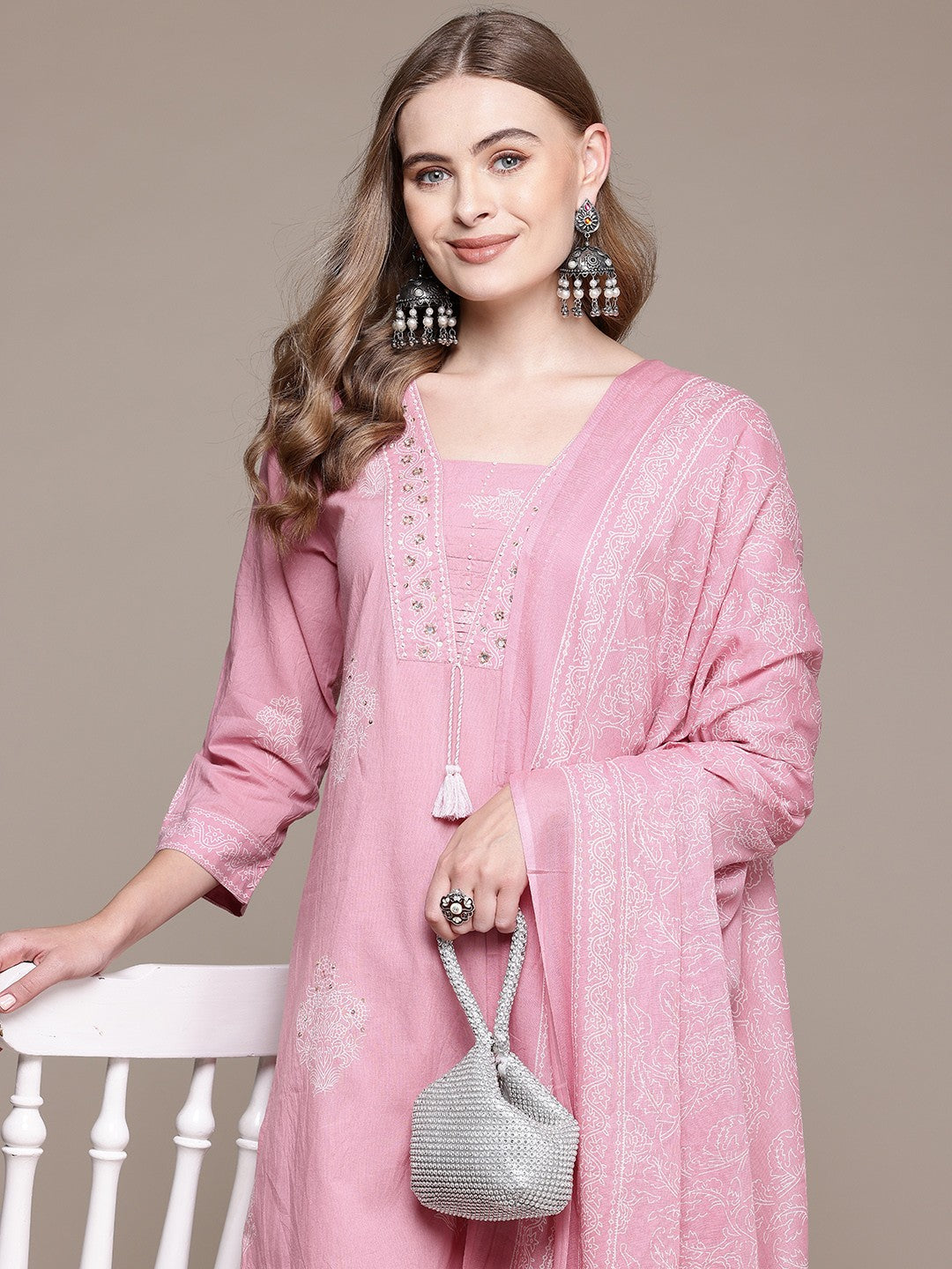 Straight Style Cotton Fabric Mauve Color Kurta With Bottom And Dupatta