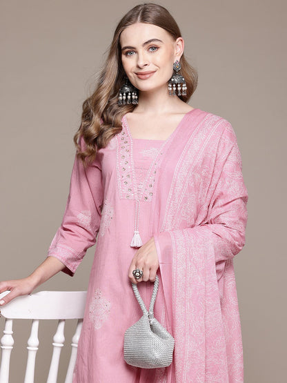 Straight Style Cotton Fabric Mauve Color Kurta With Bottom And Dupatta