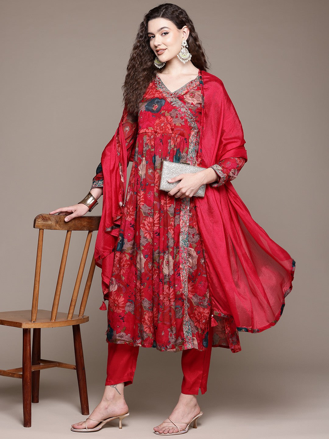 Flared Style Silk Fabric Red Color Kurta With Bottom And Dupatta