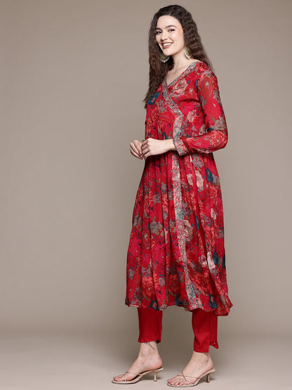 Flared Style Silk Fabric Red Color Kurta With Bottom And Dupatta