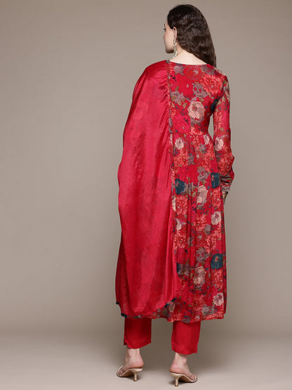 Flared Style Silk Fabric Red Color Kurta With Bottom And Dupatta