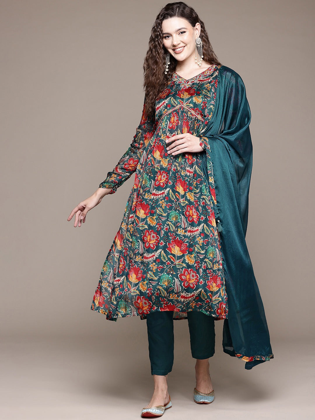 Flared Style Silk Fabric Teal Color Kurta With Bottom And Dupatta