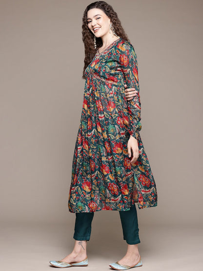 Flared Style Silk Fabric Teal Color Kurta With Bottom And Dupatta