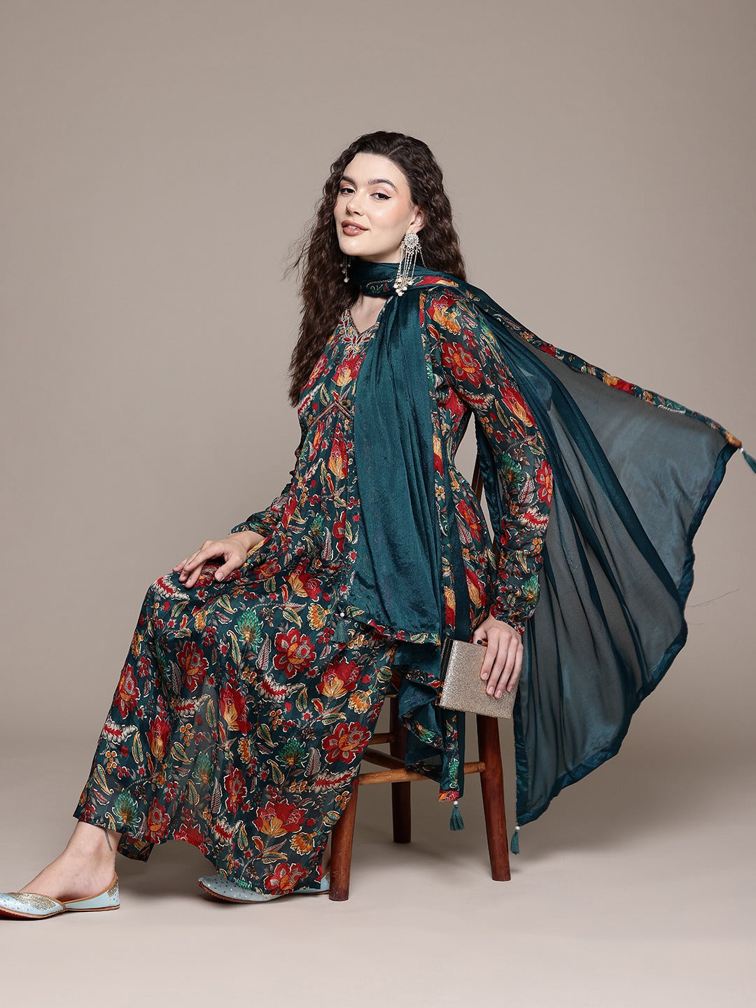 Flared Style Silk Fabric Teal Color Kurta With Bottom And Dupatta