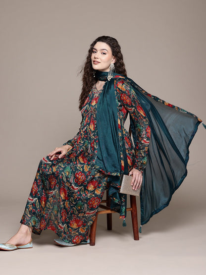 Flared Style Silk Fabric Teal Color Kurta With Bottom And Dupatta