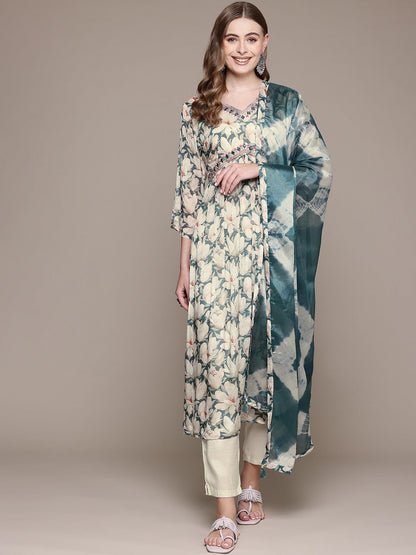 Flared Style Silk Fabric Cream Color Kurta With Bottom And Dupatta