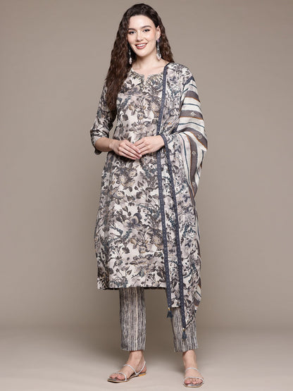 Straight Style Silk Fabric Grey Color Kurta With Bottom And Dupatta