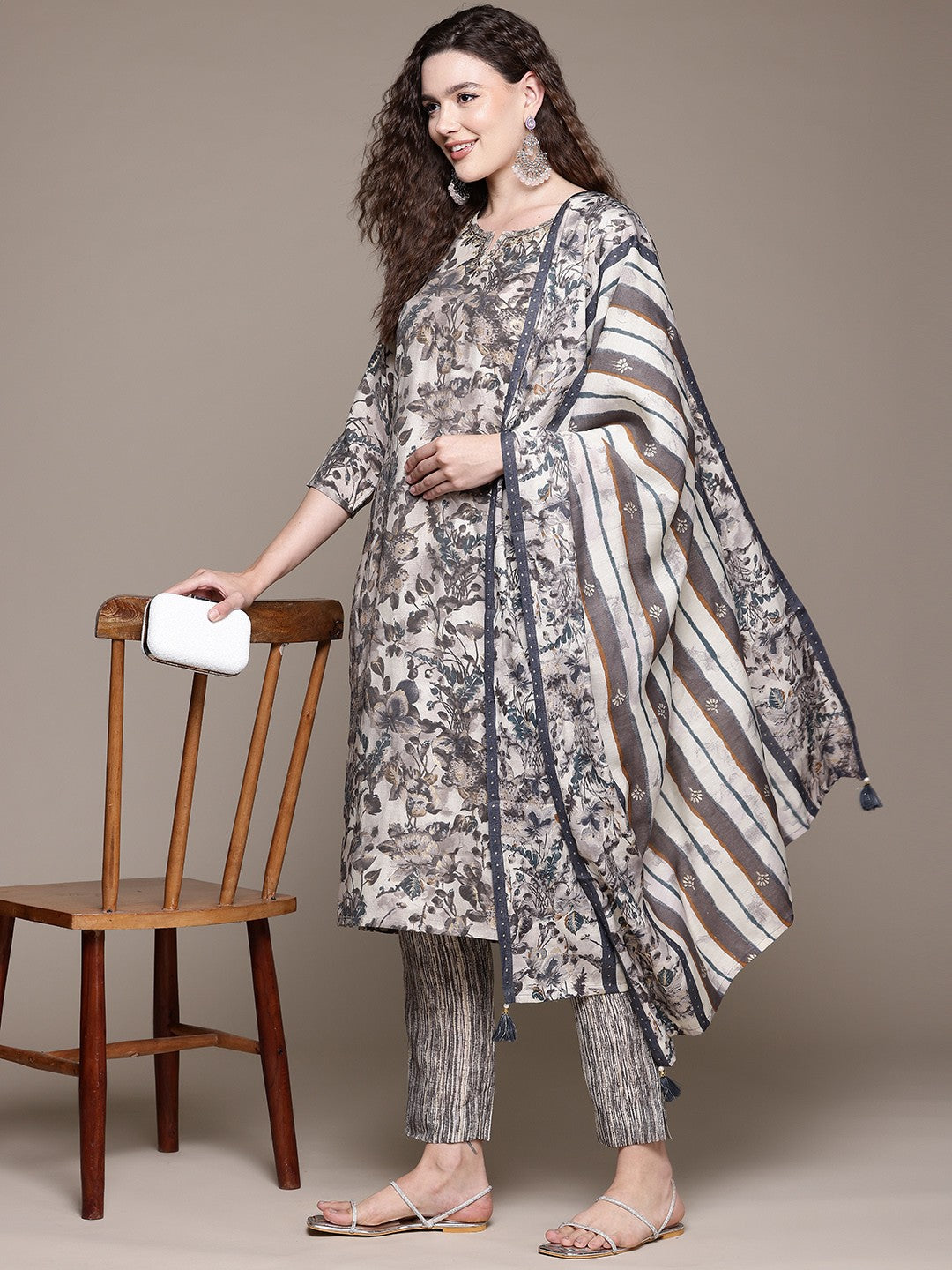 Straight Style Silk Fabric Grey Color Kurta With Bottom And Dupatta