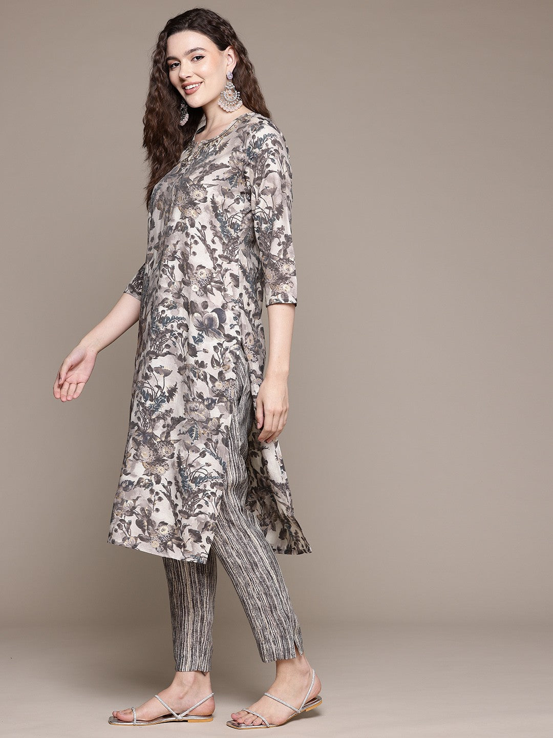 Straight Style Silk Fabric Grey Color Kurta With Bottom And Dupatta