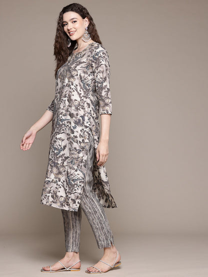Straight Style Silk Fabric Grey Color Kurta With Bottom And Dupatta