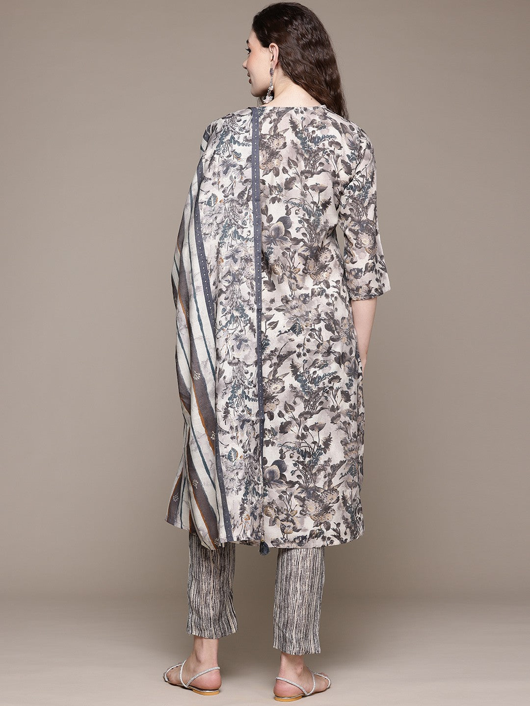 Straight Style Silk Fabric Grey Color Kurta With Bottom And Dupatta