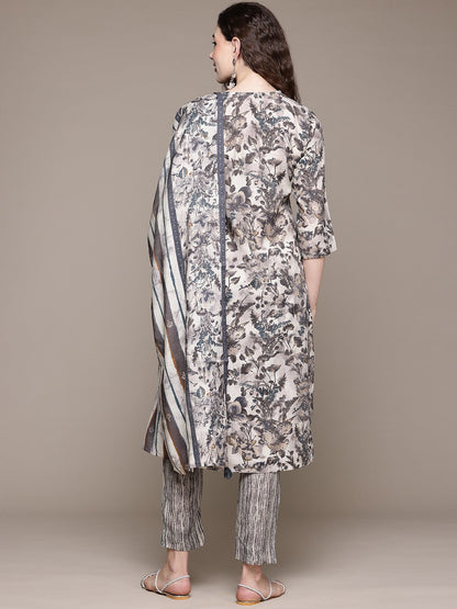 Straight Style Silk Fabric Grey Color Kurta With Bottom And Dupatta