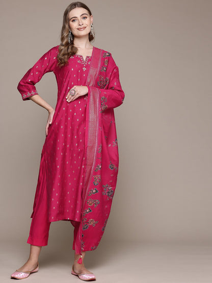 Straight Style Silk Fabric Magenta Color Kurta With Bottom And Dupatta
