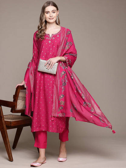 Straight Style Silk Fabric Magenta Color Kurta With Bottom And Dupatta
