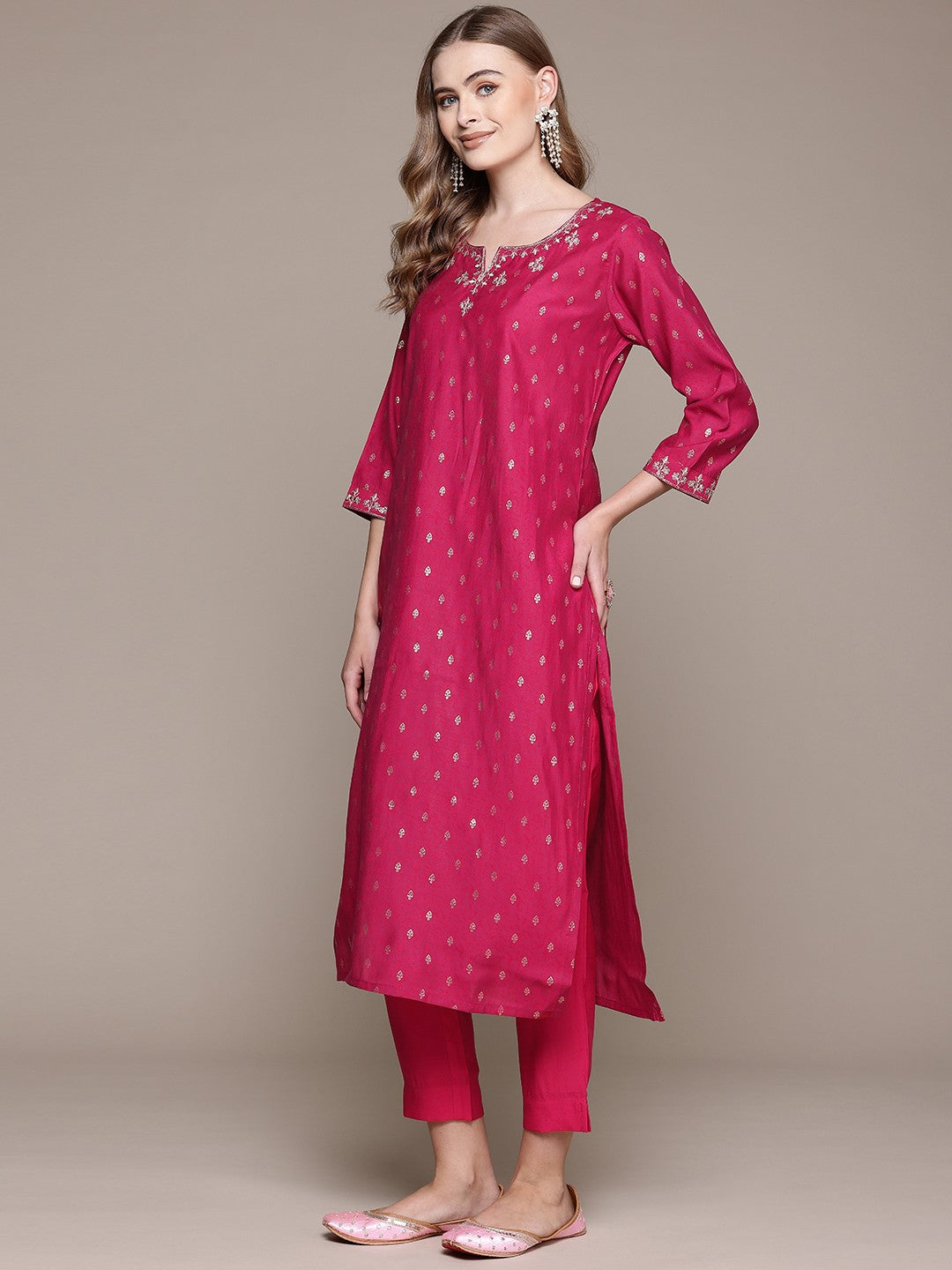 Straight Style Silk Fabric Magenta Color Kurta With Bottom And Dupatta