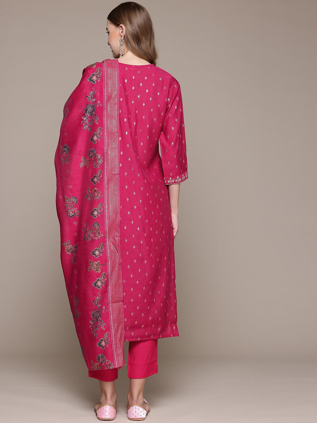 Straight Style Silk Fabric Magenta Color Kurta With Bottom And Dupatta