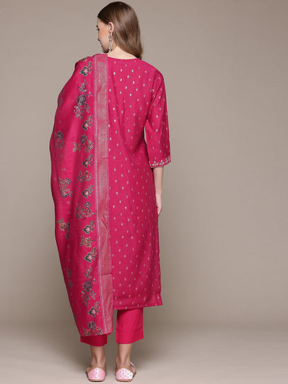 Straight Style Silk Fabric Magenta Color Kurta With Bottom And Dupatta