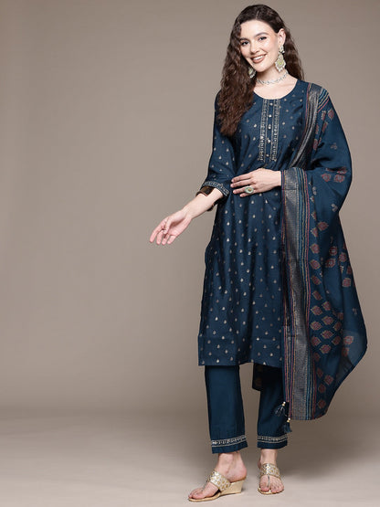 Straight Style Silk Fabric Navy Blue Color Kurta With Bottom And Dupatta