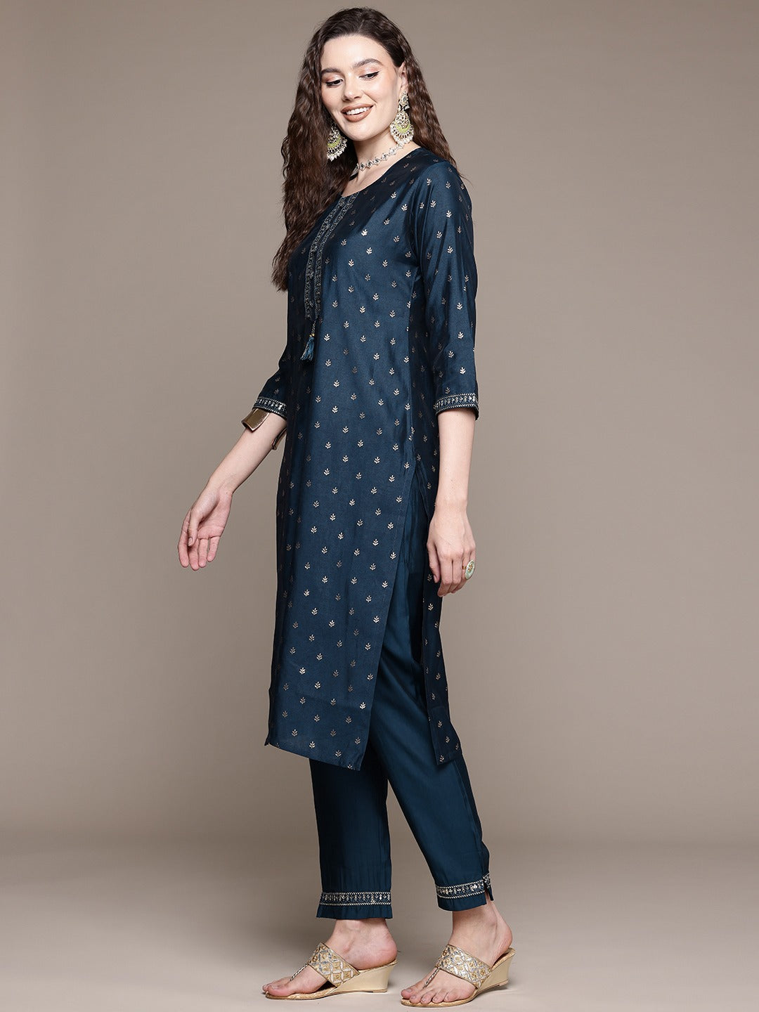 Straight Style Silk Fabric Navy Blue Color Kurta With Bottom And Dupatta