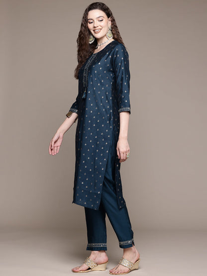 Straight Style Silk Fabric Navy Blue Color Kurta With Bottom And Dupatta