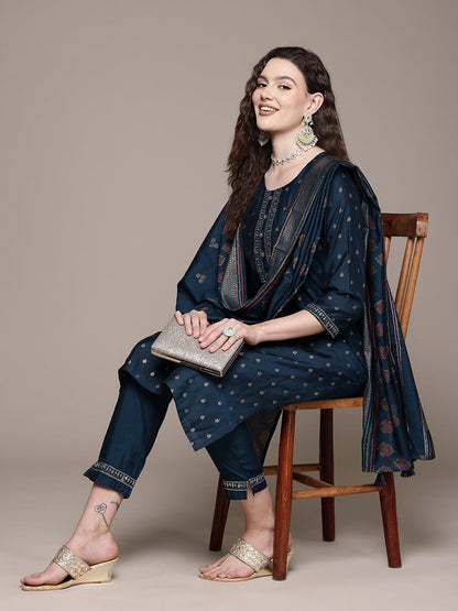 Straight Style Silk Fabric Navy Blue Color Kurta With Bottom And Dupatta