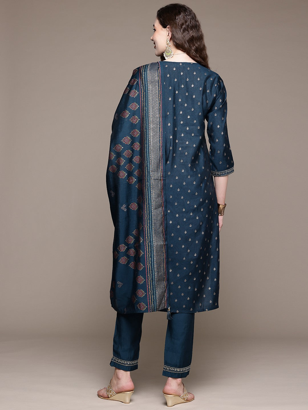 Straight Style Silk Fabric Navy Blue Color Kurta With Bottom And Dupatta