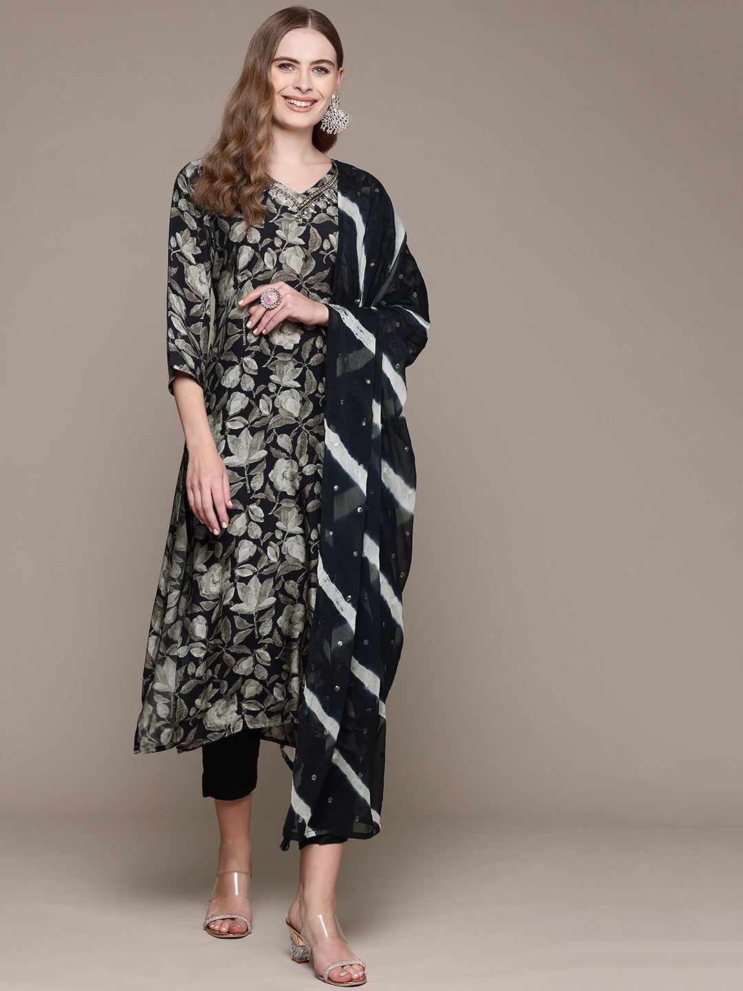 Straight Style Silk Fabric Grey Color Kurta With Bottom And Dupatta