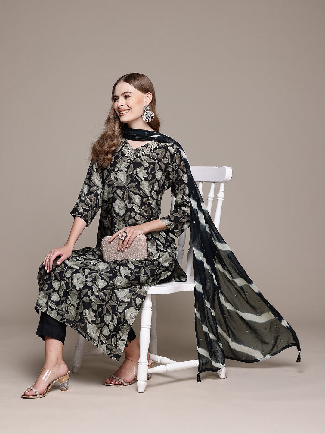 Straight Style Silk Fabric Grey Color Kurta With Bottom And Dupatta