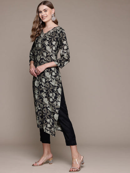 Straight Style Silk Fabric Grey Color Kurta With Bottom And Dupatta