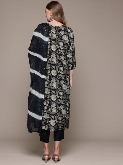 Straight Style Silk Fabric Grey Color Kurta With Bottom And Dupatta