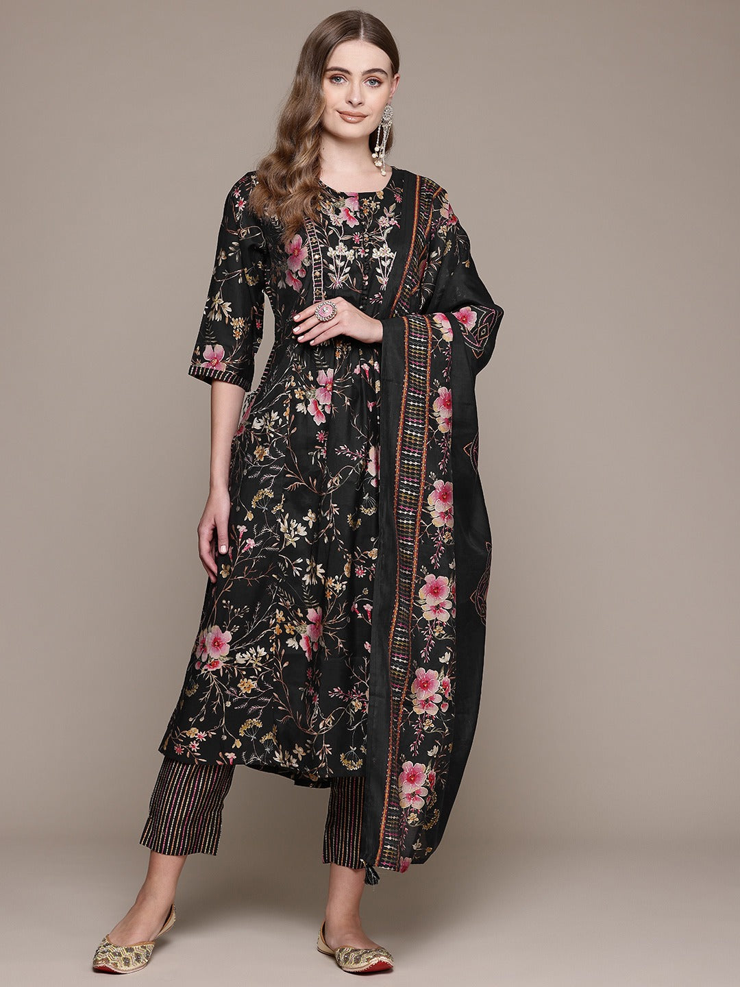 Flared Style Silk Fabric Black Color Kurta With Bottom And Dupatta