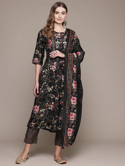 Flared Style Silk Fabric Black Color Kurta With Bottom And Dupatta