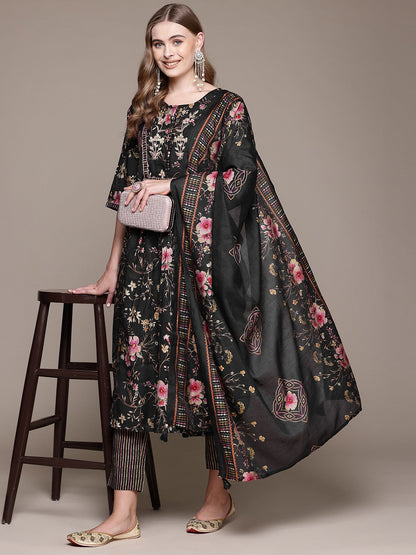 Flared Style Silk Fabric Black Color Kurta With Bottom And Dupatta