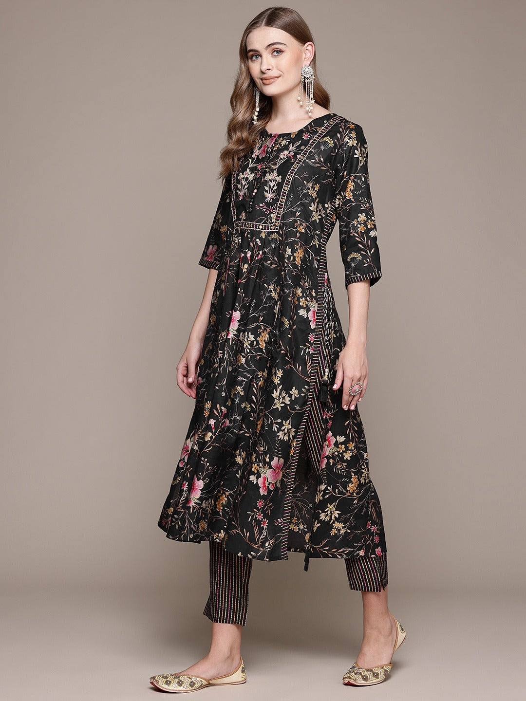 Flared Style Silk Fabric Black Color Kurta With Bottom And Dupatta