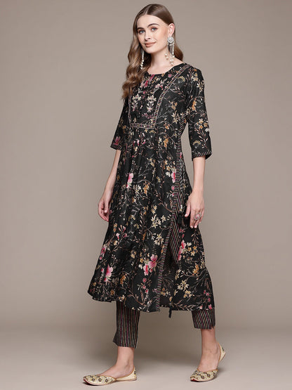 Flared Style Silk Fabric Black Color Kurta With Bottom And Dupatta