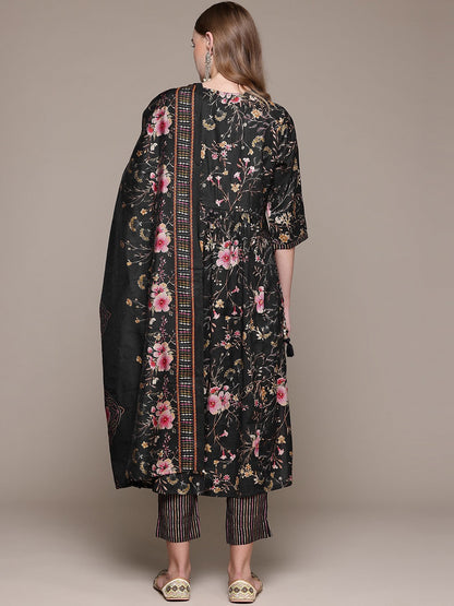 Flared Style Silk Fabric Black Color Kurta With Bottom And Dupatta