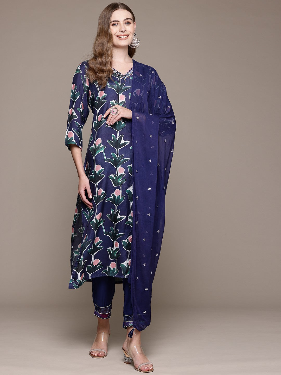 Straight Style Silk Fabric Navy Blue Color Kurta With Bottom And Dupatta