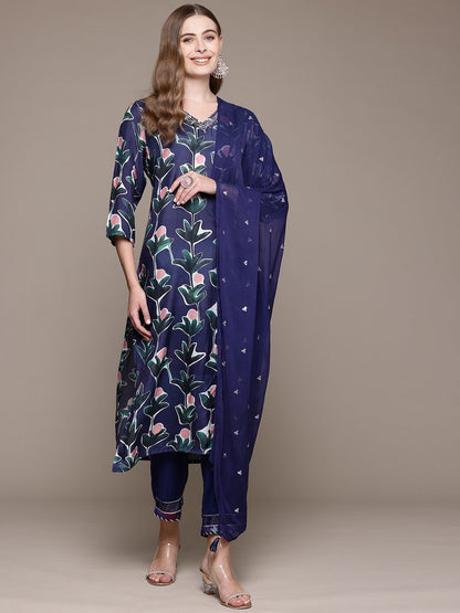 Straight Style Silk Fabric Navy Blue Color Kurta With Bottom And Dupatta