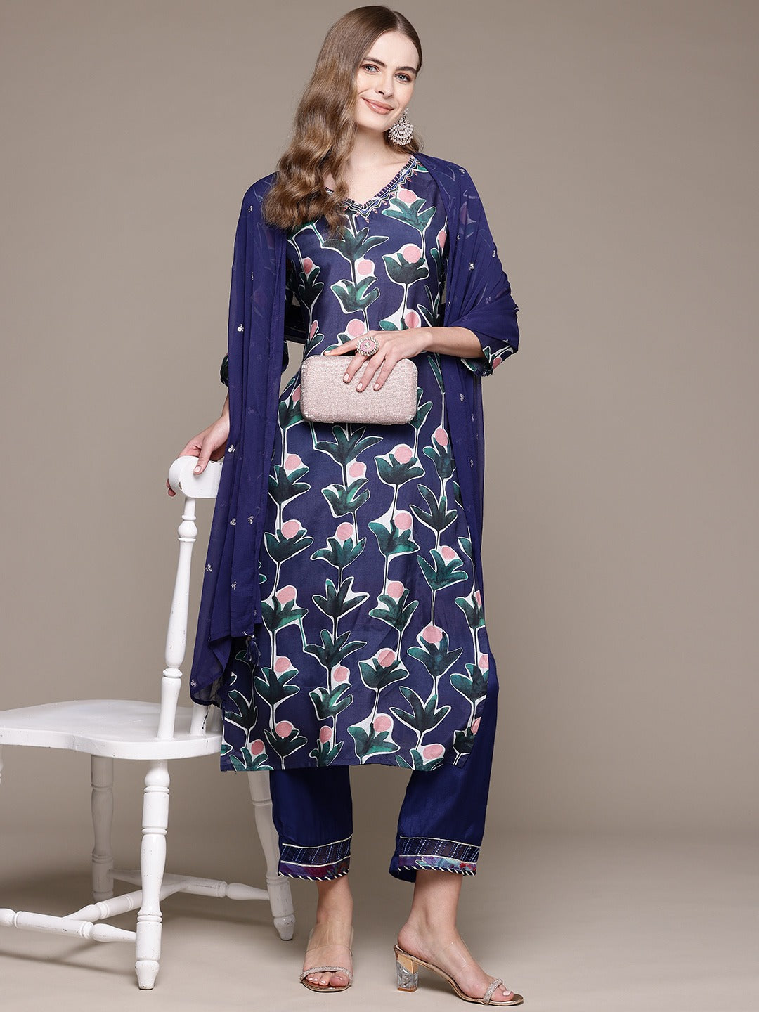 Straight Style Silk Fabric Navy Blue Color Kurta With Bottom And Dupatta