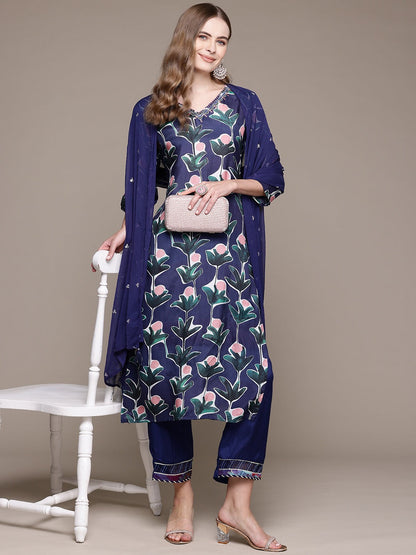 Straight Style Silk Fabric Navy Blue Color Kurta With Bottom And Dupatta