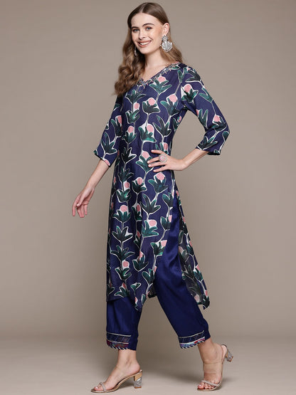 Straight Style Silk Fabric Navy Blue Color Kurta With Bottom And Dupatta