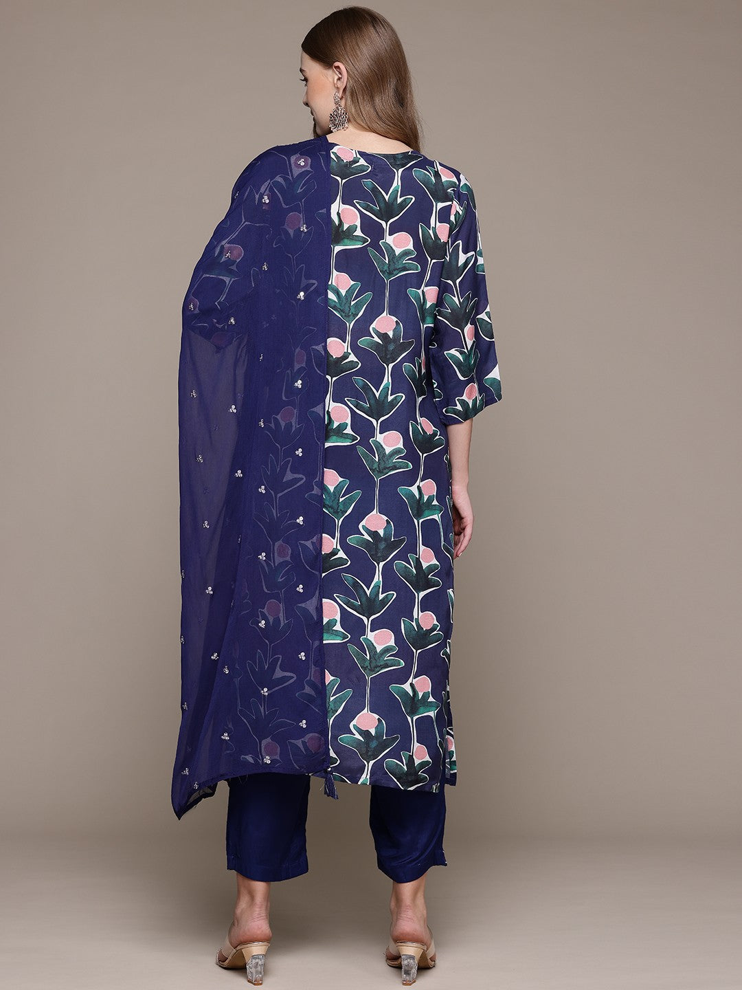 Straight Style Silk Fabric Navy Blue Color Kurta With Bottom And Dupatta