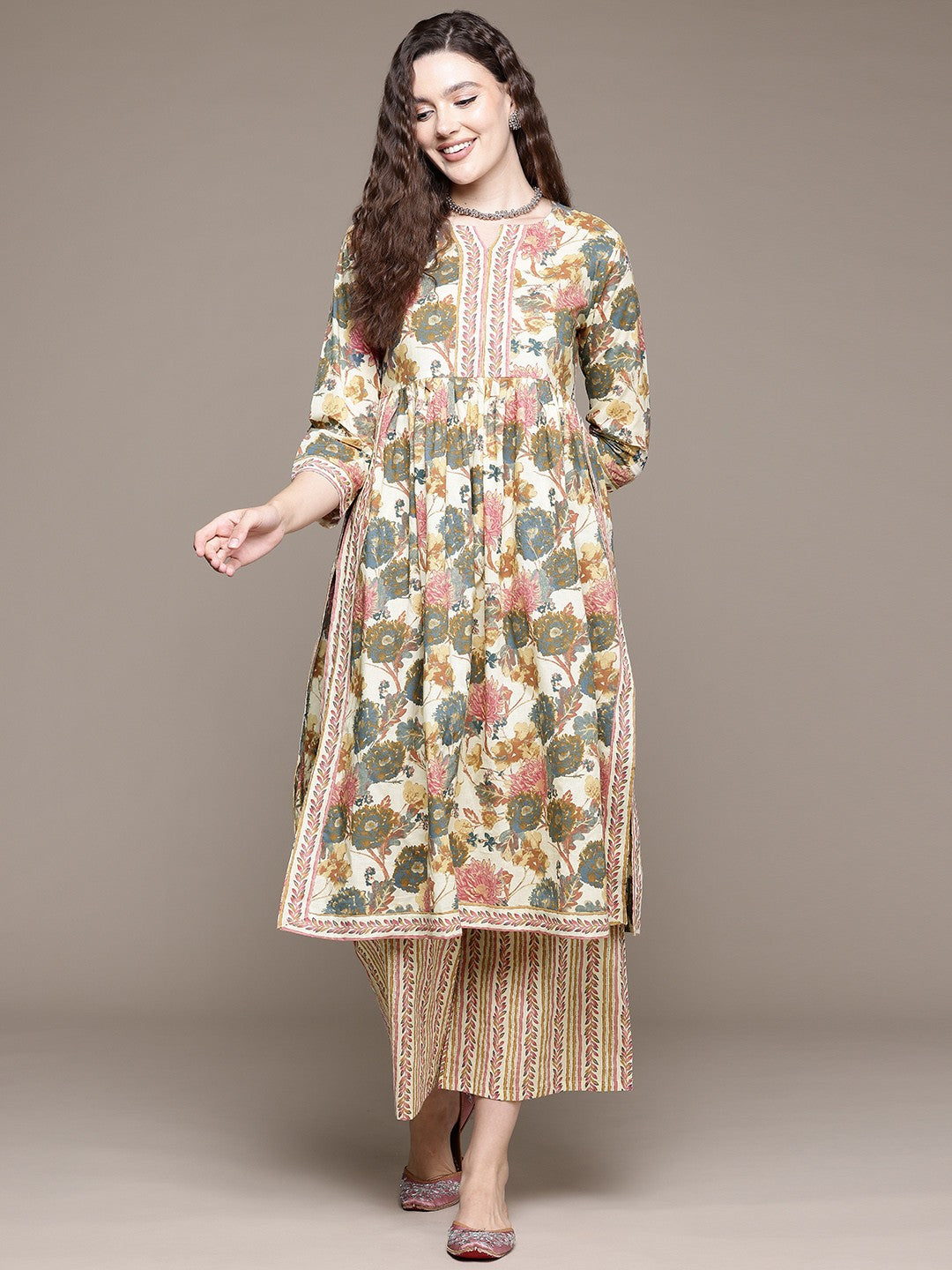 Flared Style Cotton Fabric Multi Color Kurta With Bottom