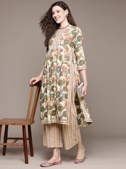 Flared Style Cotton Fabric Multi Color Kurta With Bottom